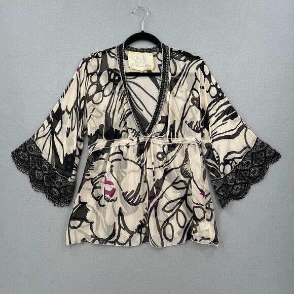 FOR LOVE AND LIBERTY Silk Print Beaded Top Womens XS Black Cream Sheer Kimono - Picture 1 of 16